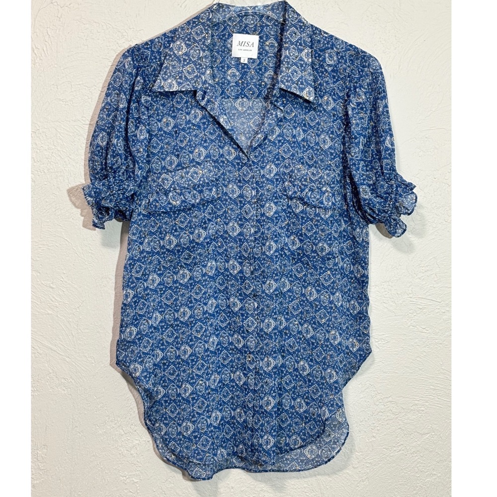 MISA Los Angeles Blue Medallion Metallic Button Down Shirt Short Puff‎ Sleeve S